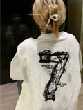 Letter Smoke 7 Print Loose Short Sleeve Tee Unisex Summer Casual Versatile Top