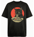 Black Cat T-Shirt, Ramen Kawaii Shirt, Japanese art graphic tee，Crew Neck Short Sleeve Casual Tees