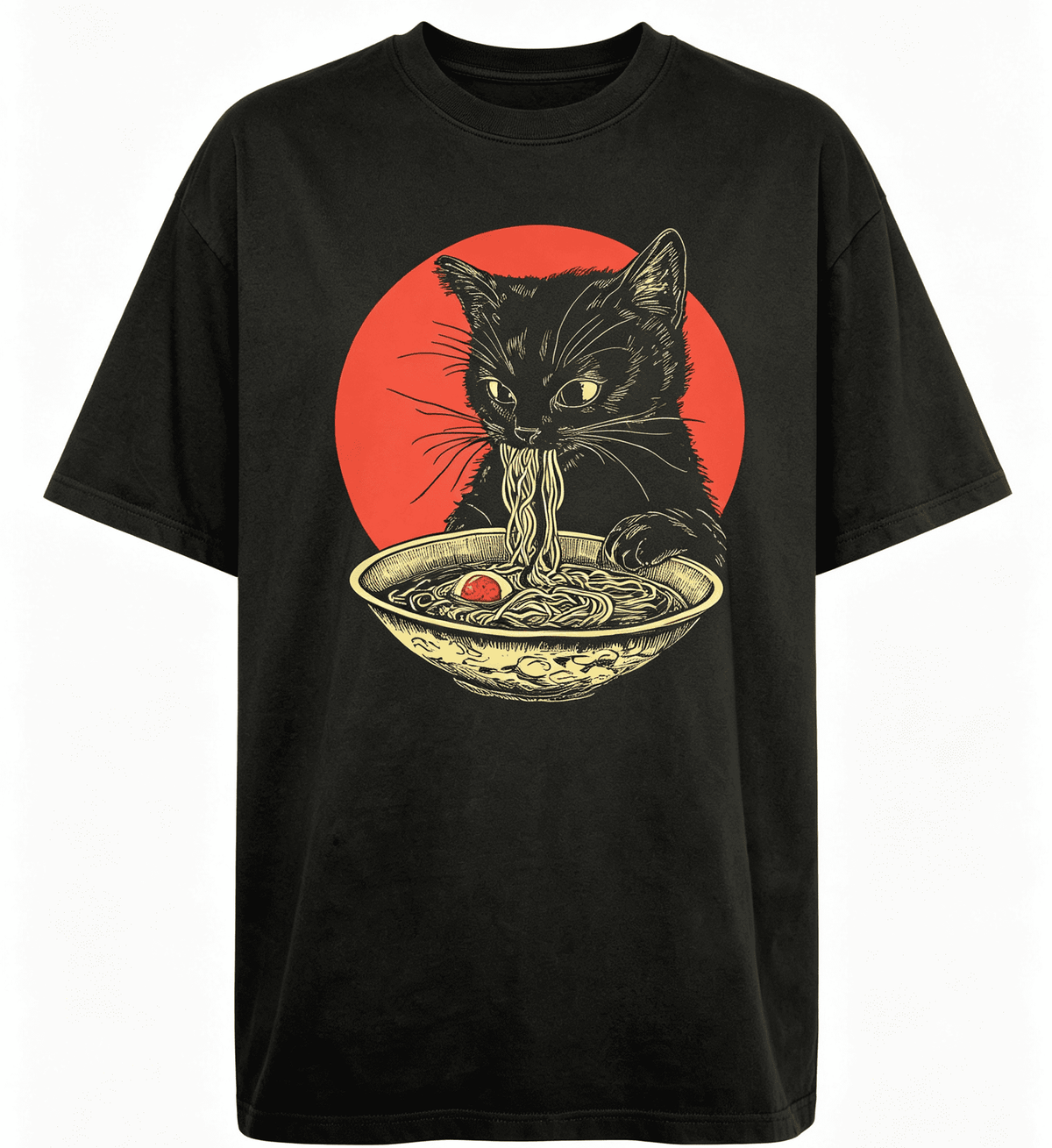 Black Cat T-Shirt, Ramen Kawaii Shirt, Japanese art graphic tee，Crew Neck Short Sleeve Casual Tees