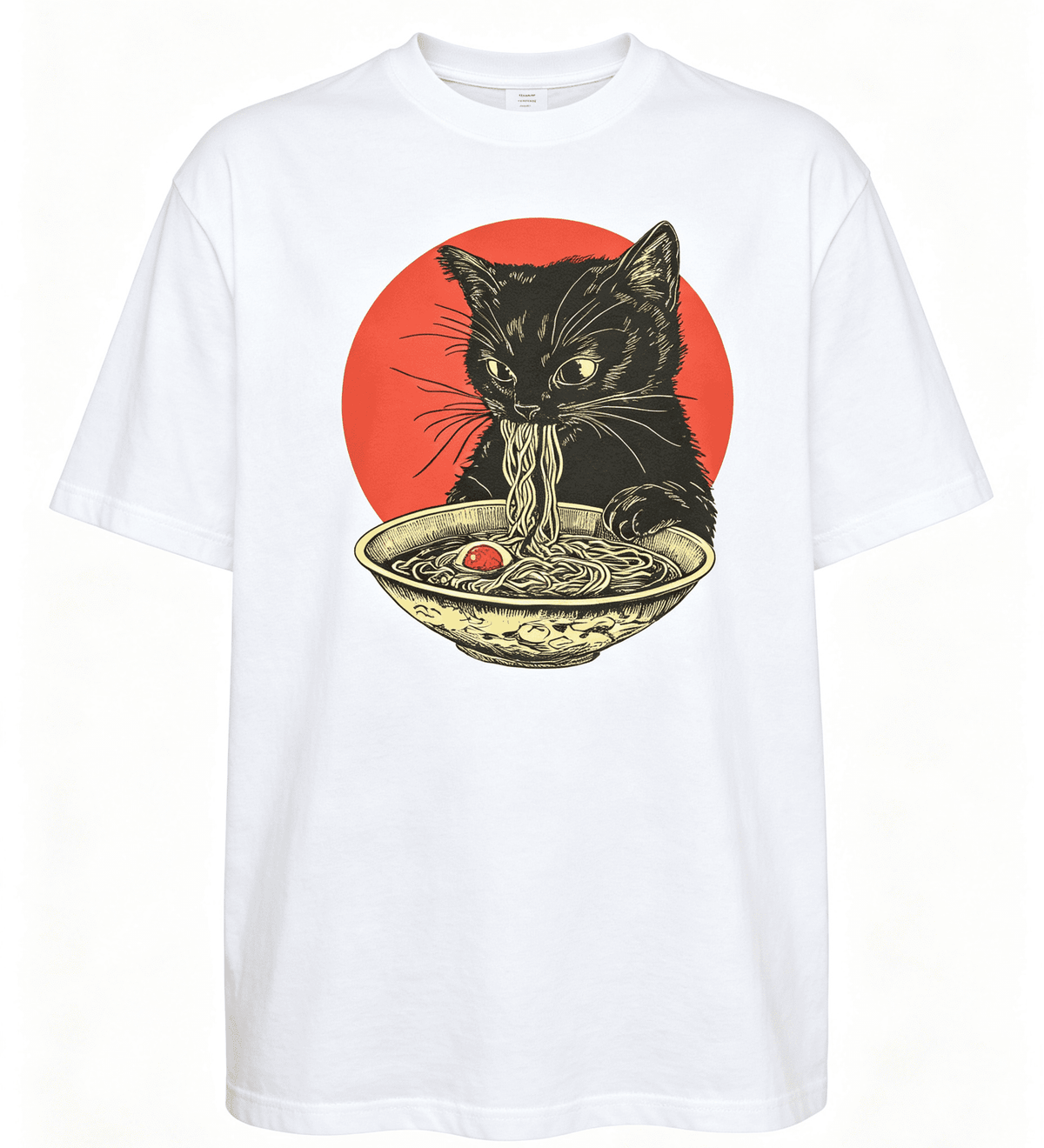 Black Cat T-Shirt, Ramen Kawaii Shirt, Japanese art graphic tee，Crew Neck Short Sleeve Casual Tees