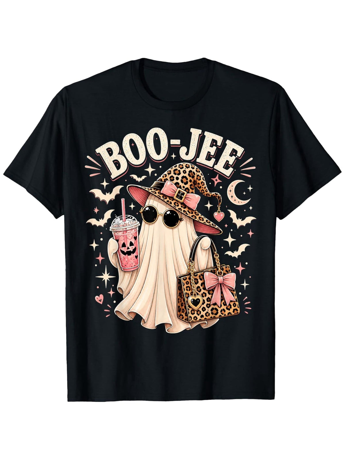 Boo JEE Pink Leopard Ghost Witch Funny Coquette Halloween T-Shirt