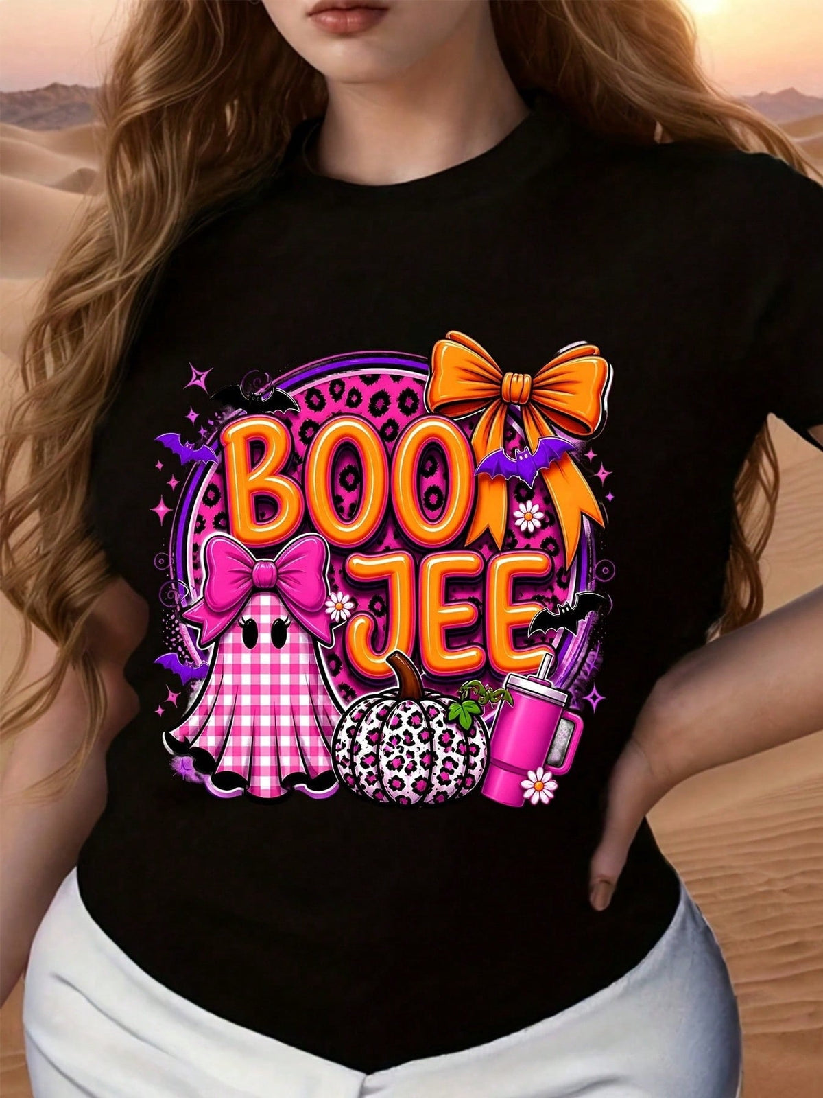 Boo Jee Ghost Pumpkin Leopard Print Bow Halloween Graphic Tee Cute Festival Party Wear Short Sleeve Casual Top