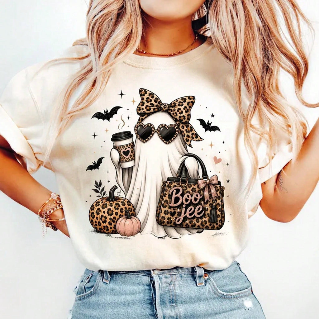 Boo Jee Ghost Shirt, Funny Halloween Coffee Shirt, Leopard Print Ghost Tee, Spooky Season Graphic Tee