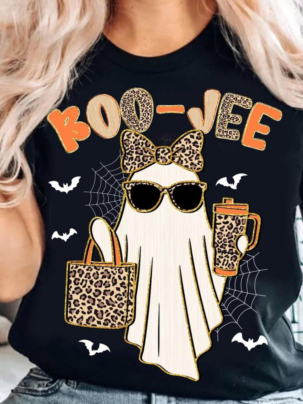 Boo-Vee T-Shirt Leopard Ghost Sunglasses Coffee Cup Graphic Tee Women Halloween Spooky