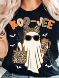 Boo-Vee T-Shirt Leopard Ghost Sunglasses Coffee Cup Graphic Tee Women Halloween Spooky