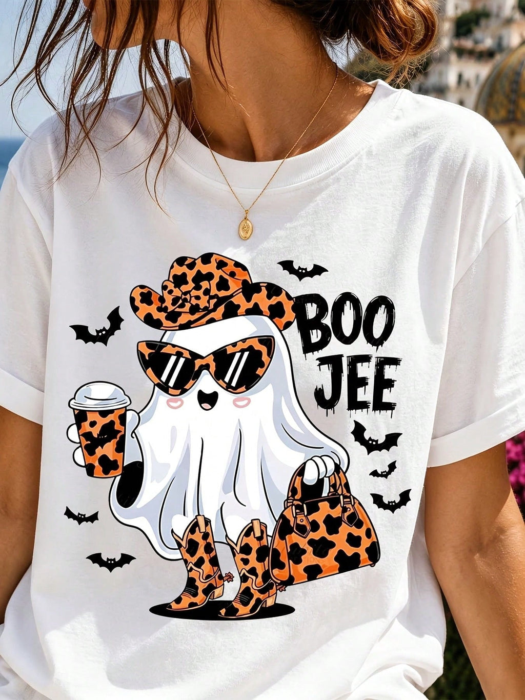 Casual Funny, Women's T-Shirt, Cute Leopard Ghost Boo-Jee Graphic, Halloween Party Casual Wear, T-Shirt For Women
