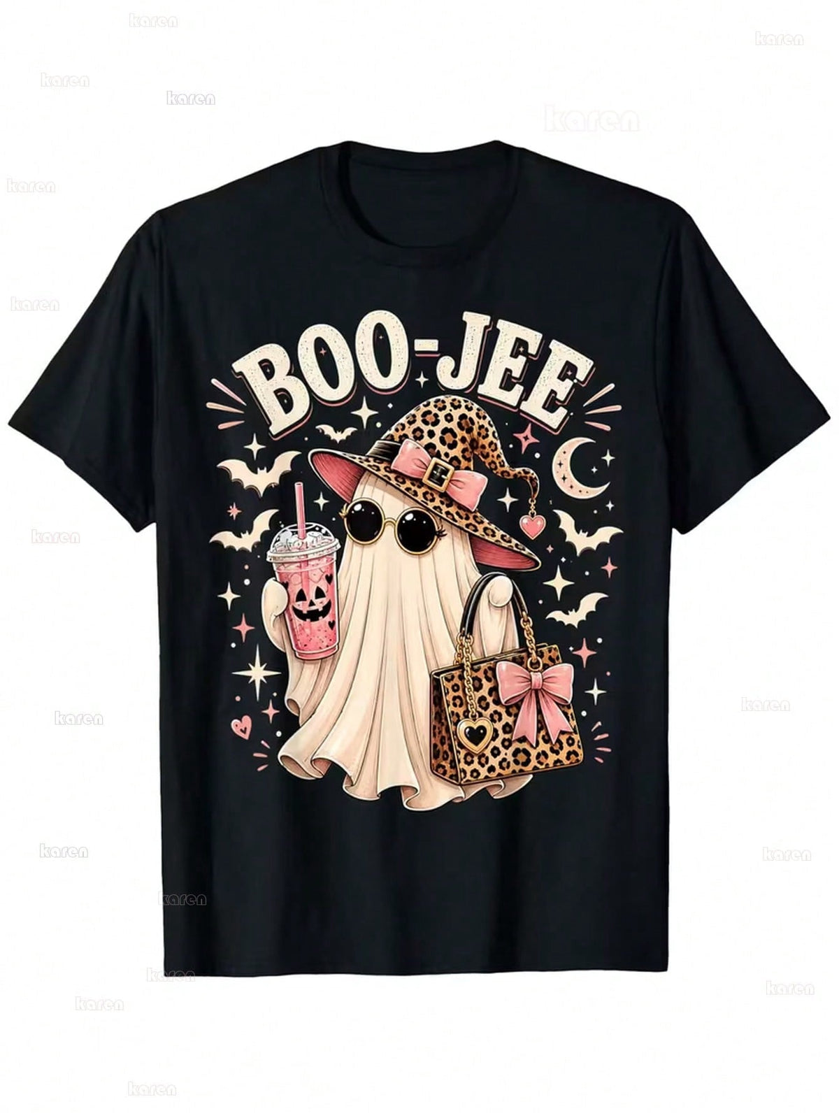 Casual Funny, Women's T-Shirt, Cute Leopard Ghost Boo-Jee Graphic, Halloween Party Casual Wear, T-Shirt For Women