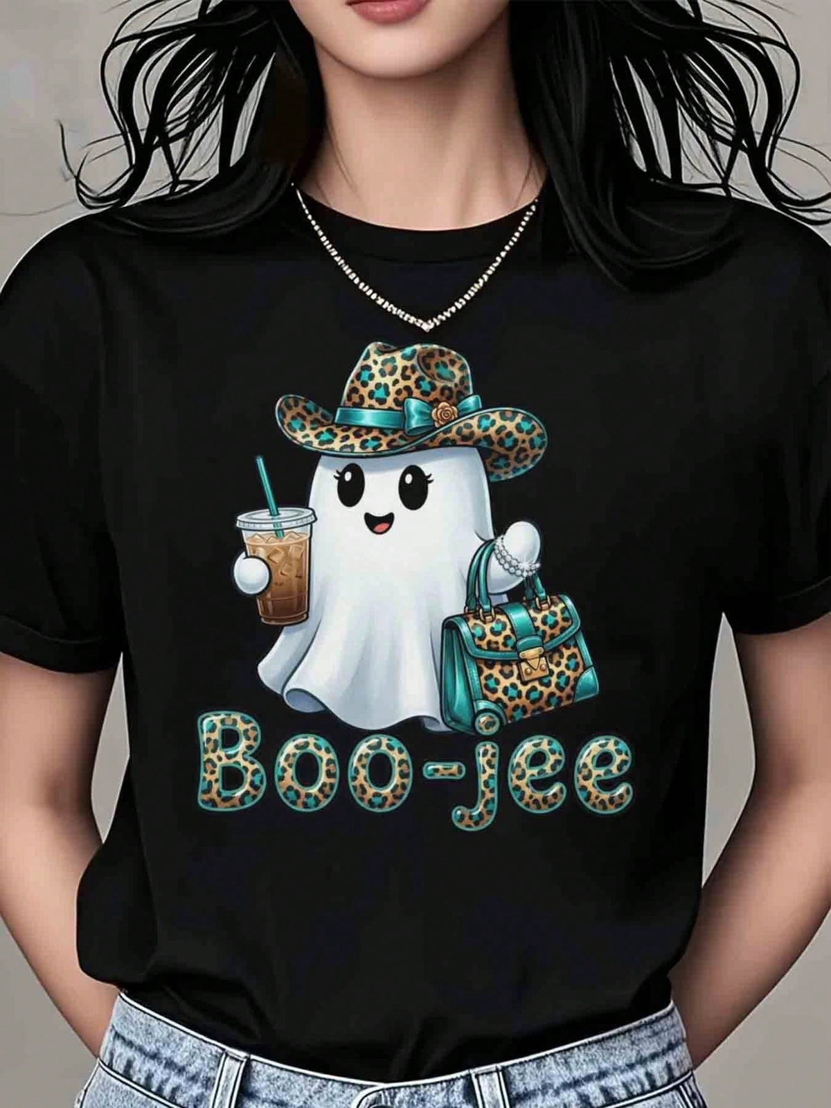 Casual Funny, Women's T-Shirt, Cute Leopard Ghost Boo-Jee Graphic, Halloween Party Casual Wear, T-Shirt For Women