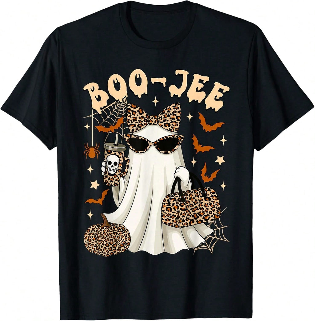 Casual Funny, Women's T-Shirt, Cute Leopard Ghost Boo-Jee Graphic, Halloween Party Casual Wear, T-Shirt For Women