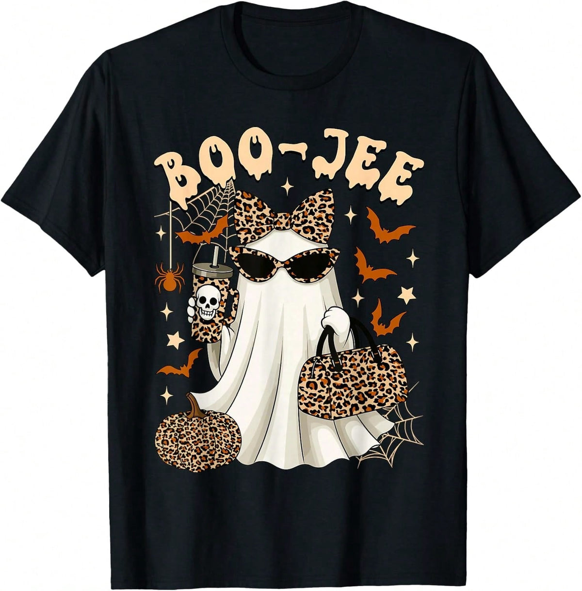 Casual Funny, Women's T-Shirt, Cute Leopard Ghost Boo-Jee Graphic, Halloween Party Casual Wear, T-Shirt For Women