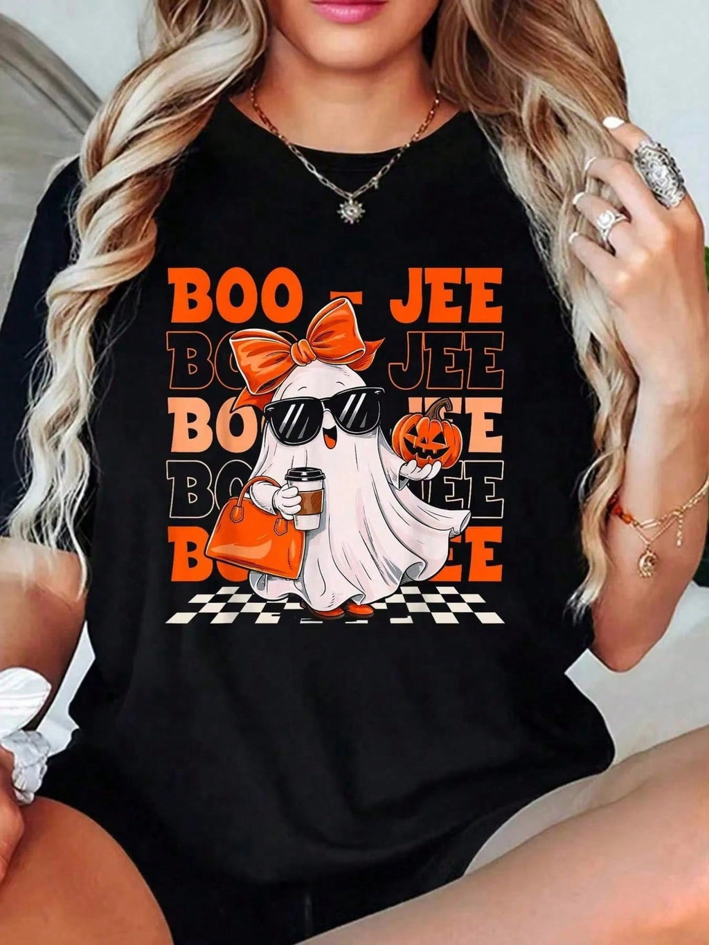 Casual Funny, Women's T-Shirt, Cute Leopard Ghost Boo-Jee Graphic, Halloween Party Casual Wear, T-Shirt For Women