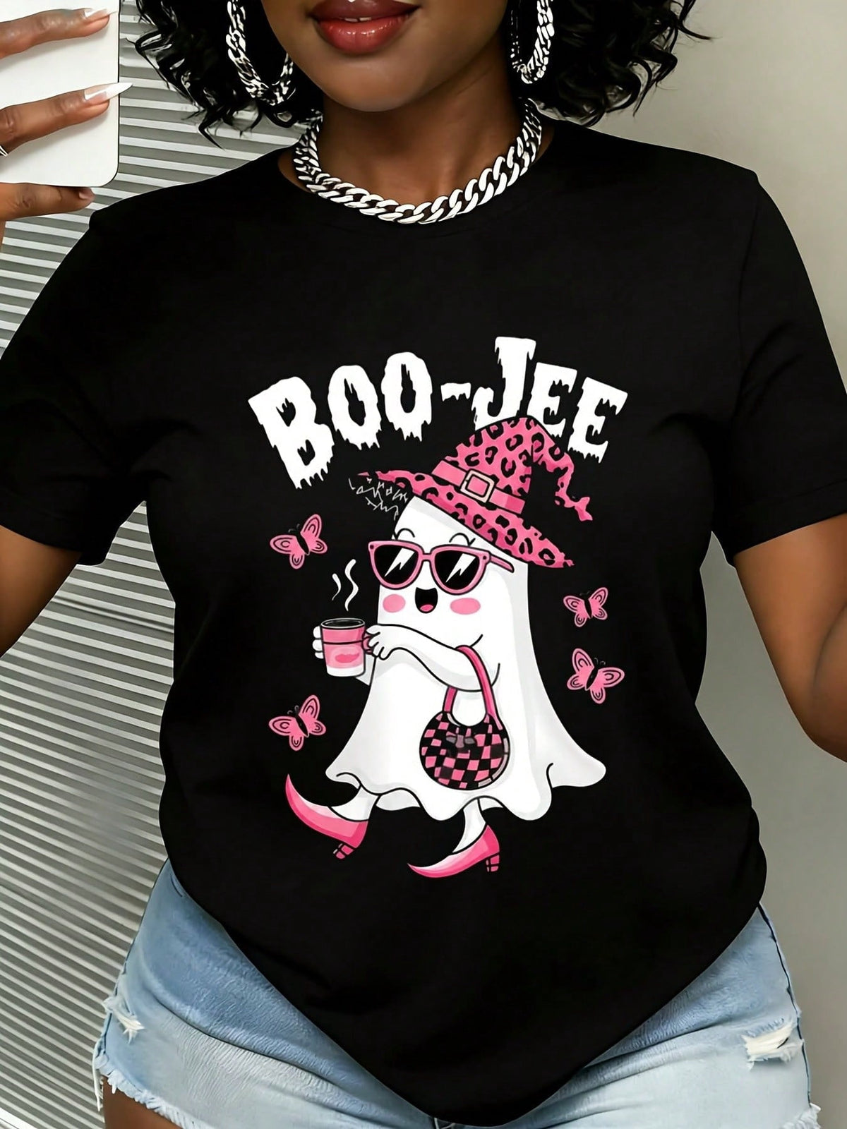 Casual Funny, Women's T-Shirt, Cute Leopard Ghost Boo-Jee Graphic, Halloween Party Casual Wear, T-Shirt For Women