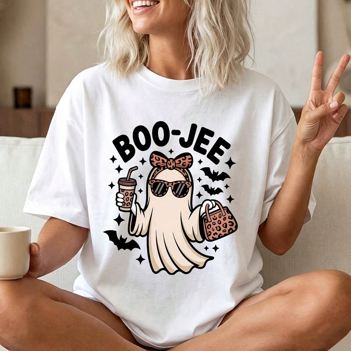 Casual Funny, Women's T-Shirt, Cute Leopard Ghost Boo-Jee Graphic, Halloween Party Casual Wear, T-Shirt For Women
