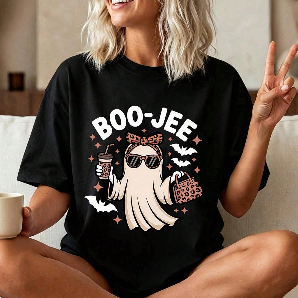 Casual Funny, Women's T-Shirt, Cute Leopard Ghost Boo-Jee Graphic, Halloween Party Casual Wear, T-Shirt For Women