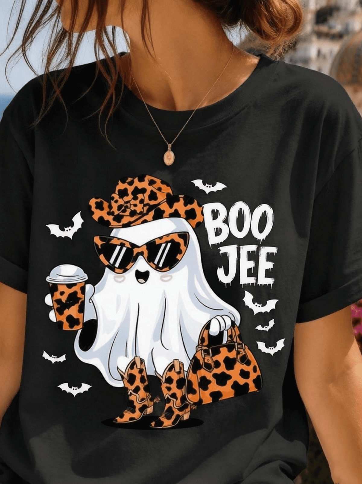 Casual Funny, Women's T-Shirt, Cute Leopard Ghost Boo-Jee Graphic, Halloween Party Casual Wear, T-Shirt For Women