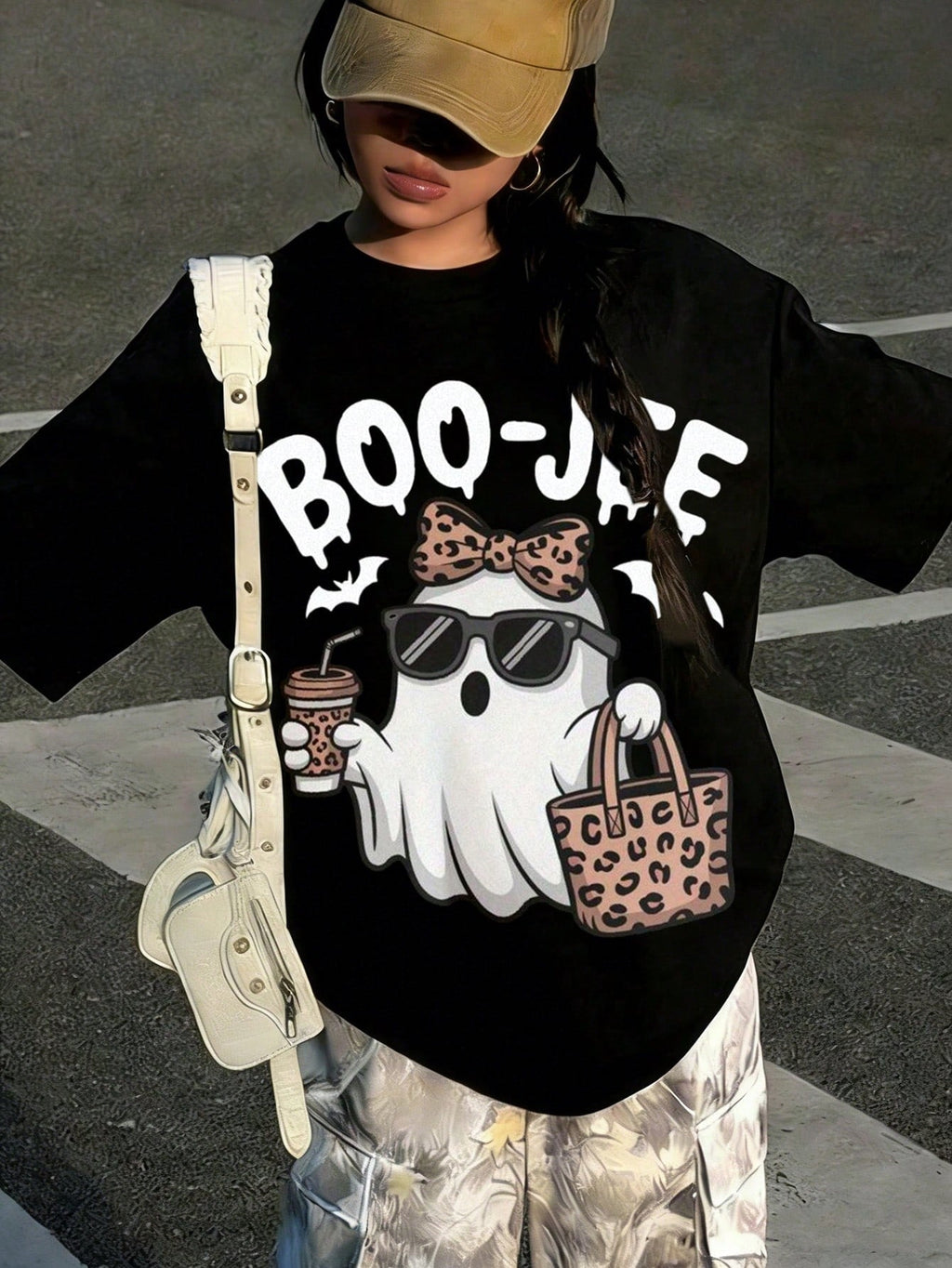 Casual Funny, Women's T-Shirt, Cute Leopard Ghost Boo-Jee Graphic, Halloween Party Casual Wear, T-Shirt For Women