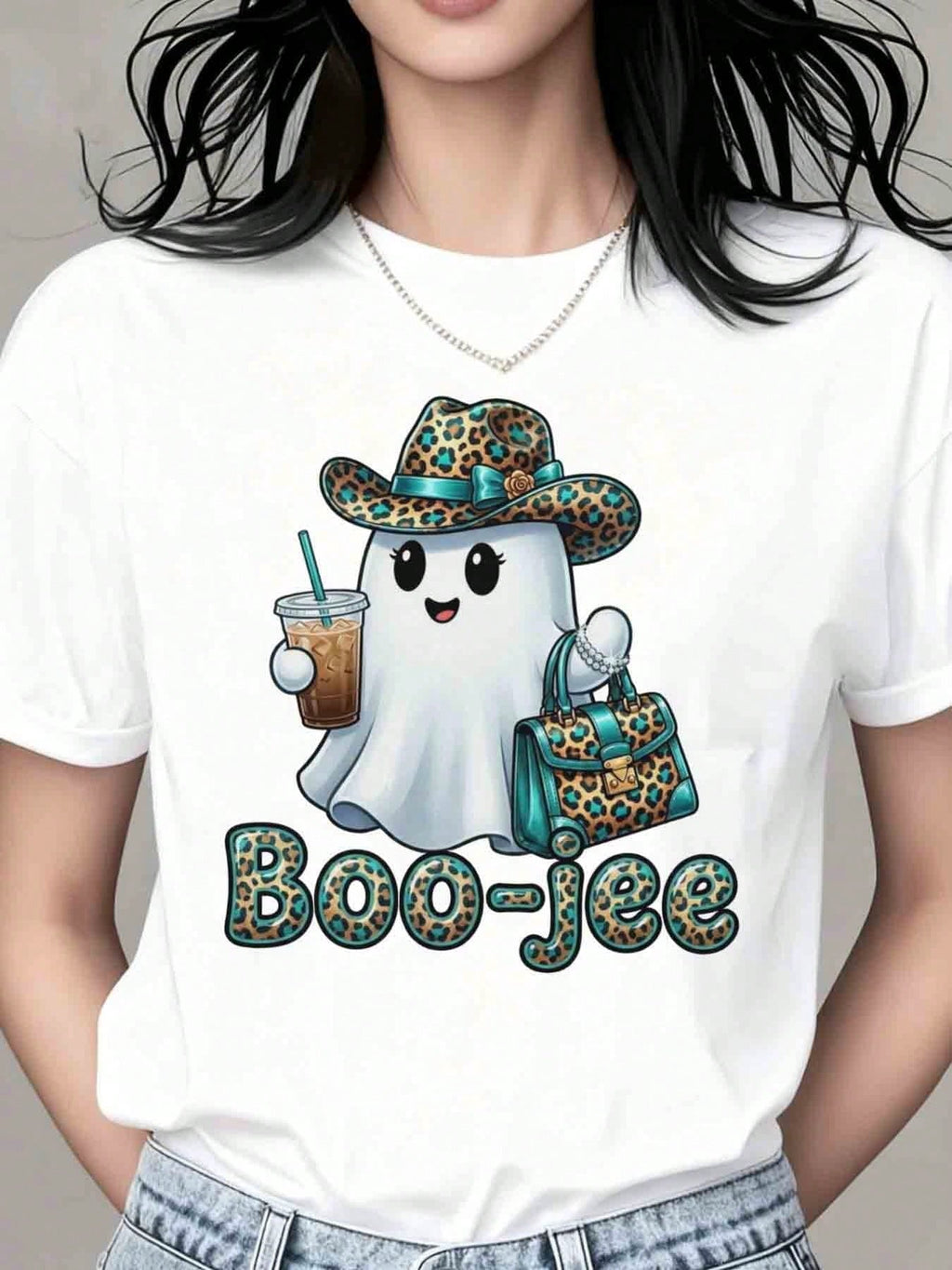 Casual Funny, Women's T-Shirt, Cute Leopard Ghost Boo-Jee Graphic, Halloween Party Casual Wear, T-Shirt For Women
