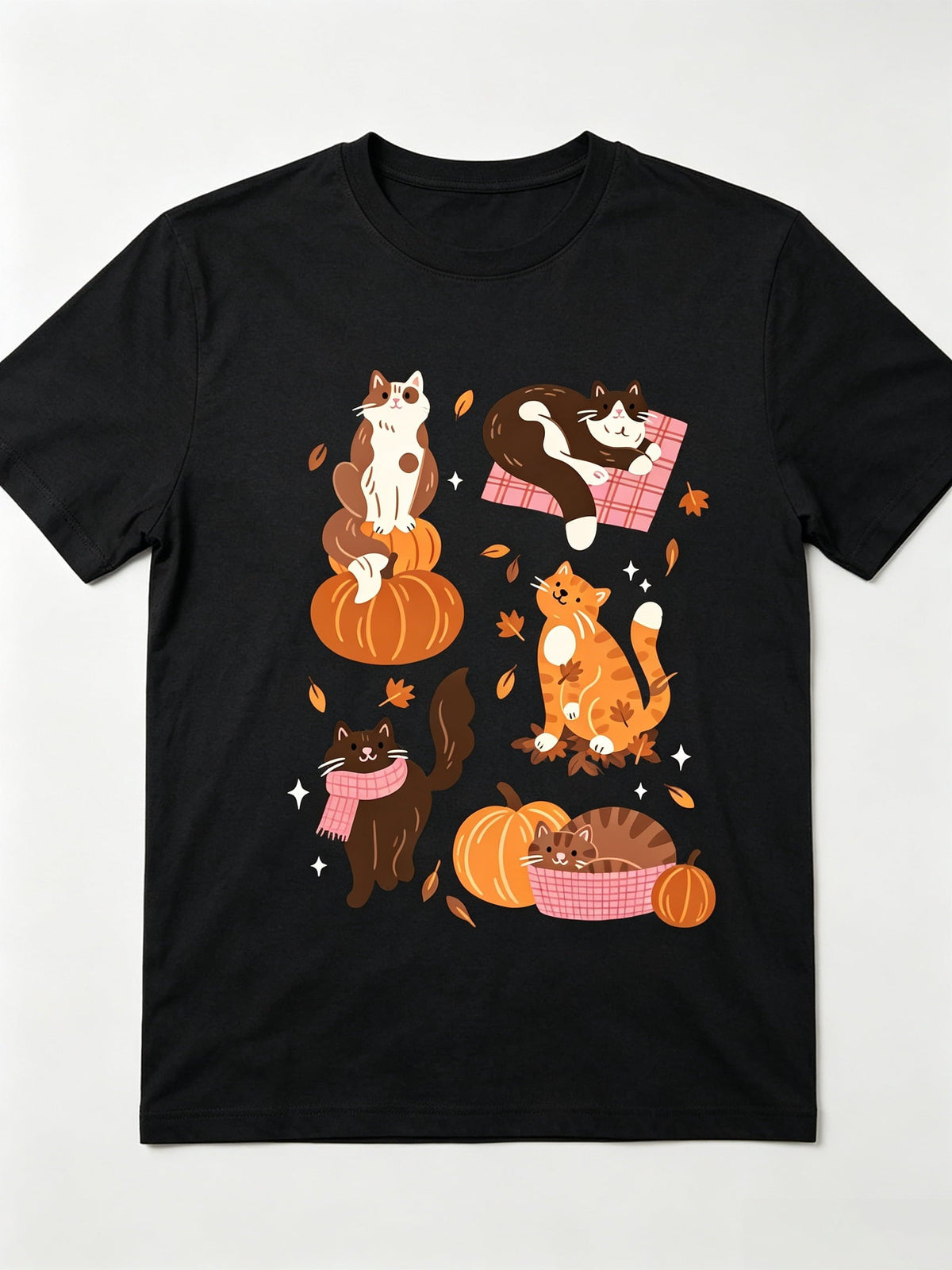 Cat Lover Gift T-Shirt Cute Autumn Cats Pumpkin Leaves Print