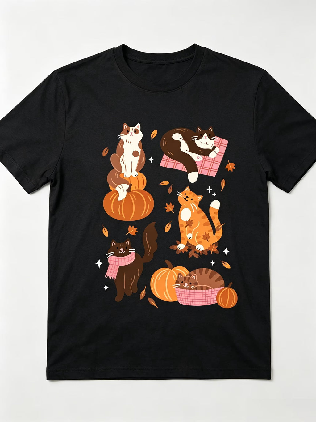 Cat Lover Gift T-Shirt Cute Autumn Cats Pumpkin Leaves Print