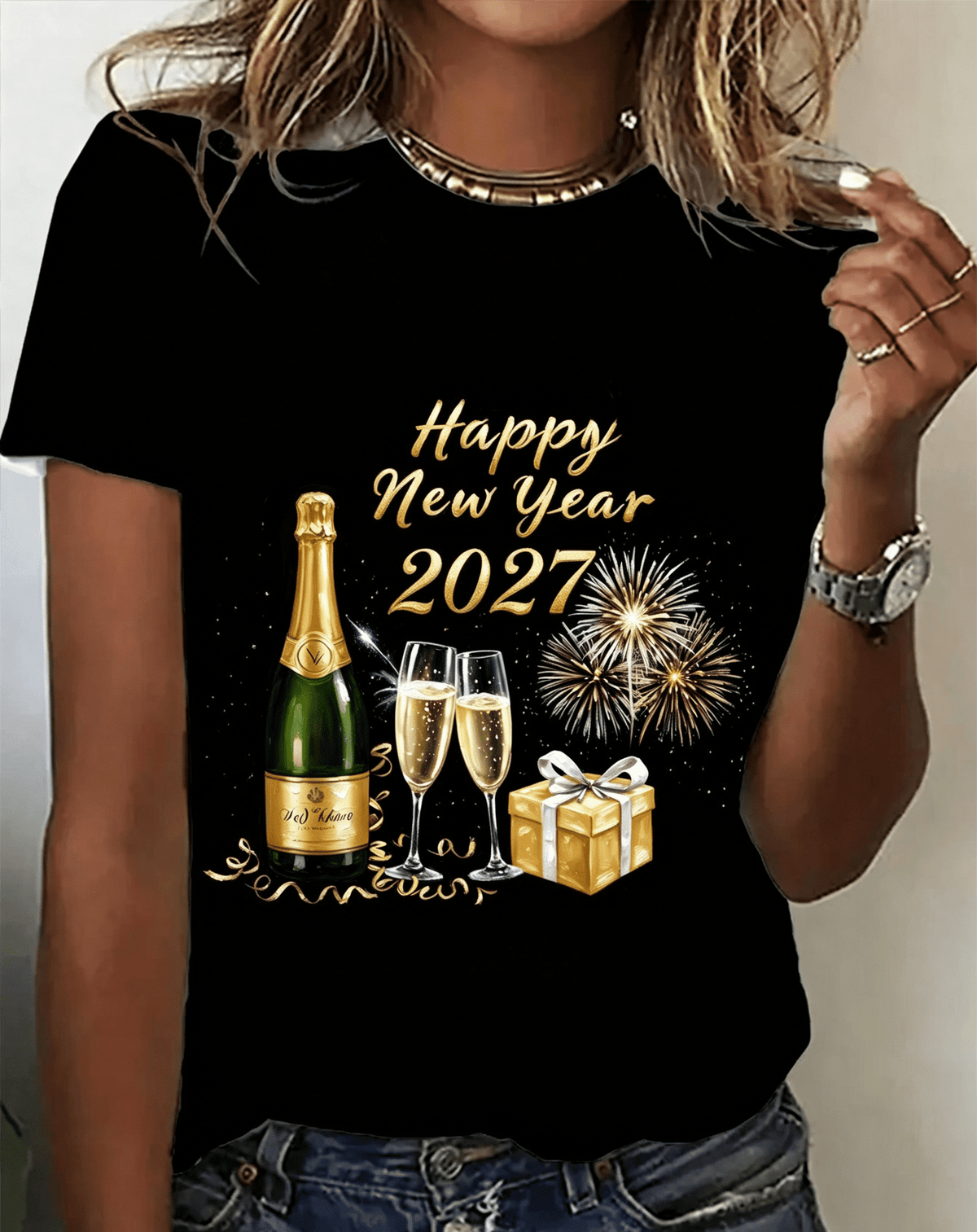 Christmas, Happy New Year 2027 Tshirt，Casual Round Neck New Year Eve Party Holiday Top，Women Tshirts