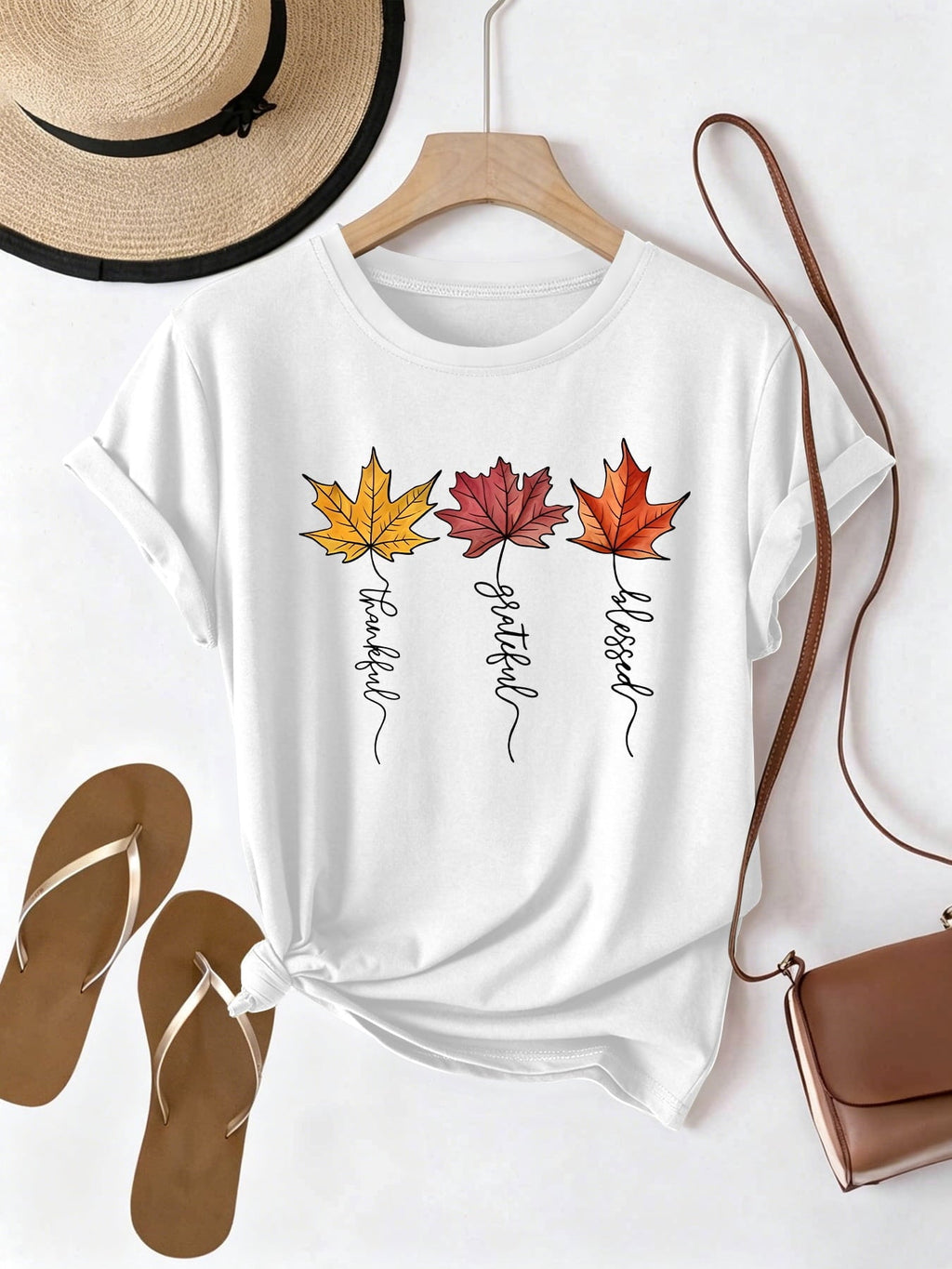 Cute Autumn T-Shirt Thankful Grateful Blessed Yellow Red Orange Leaves Graphic Print
