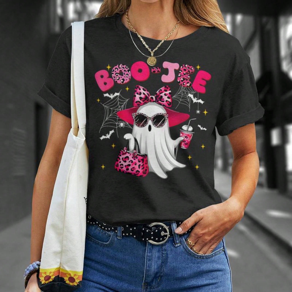 Cute Boo Jee Ghost Halloween Pink Leopard Bow Ghost T-Shirt Women's T-Shirt