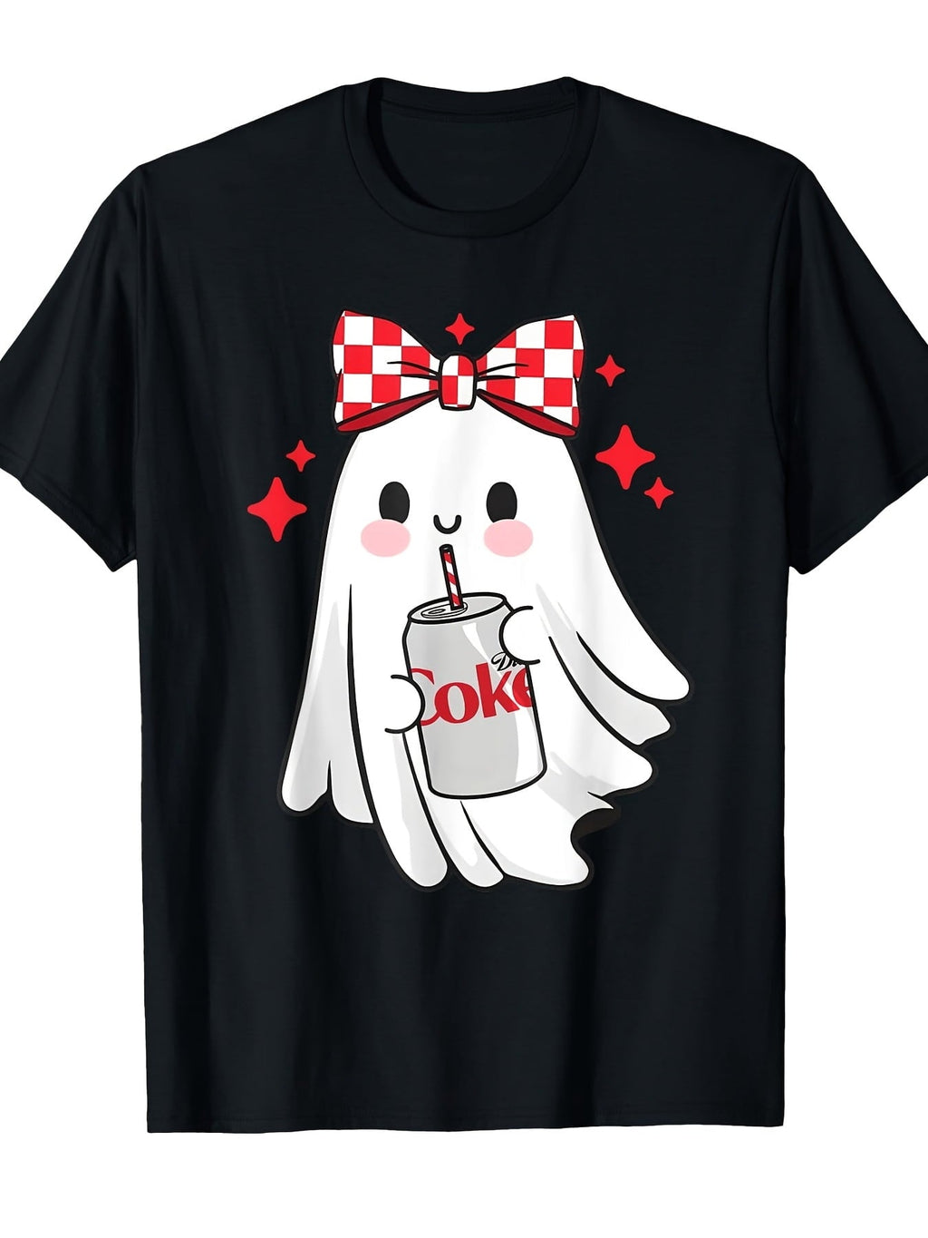 Cute Ghost With Coke T-Shirt Red Checkered Bow Soda Lover Graphic Tee