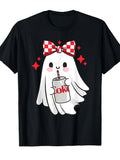 Cute Ghost With Coke T-Shirt Red Checkered Bow Soda Lover Graphic Tee