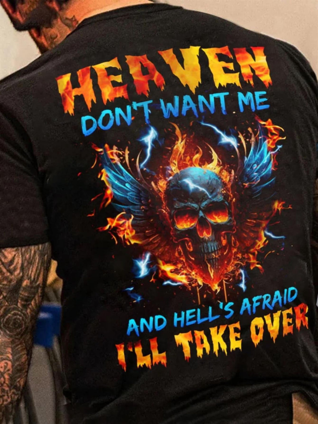 Flaming Skull Angel Wings Back Graphic Print, Edgy Statement Streetwear Casual Tee For Men，Casual Crew Neck Men Tshirt