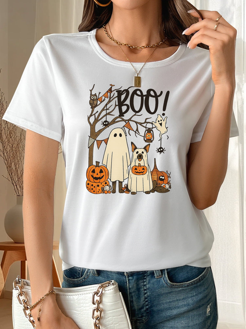 Funny Halloween Boo! T-Shirt for Women, Cute Ghost Pumpkin Graphic Tee, Short Sleeve Crew Neck Casual Top