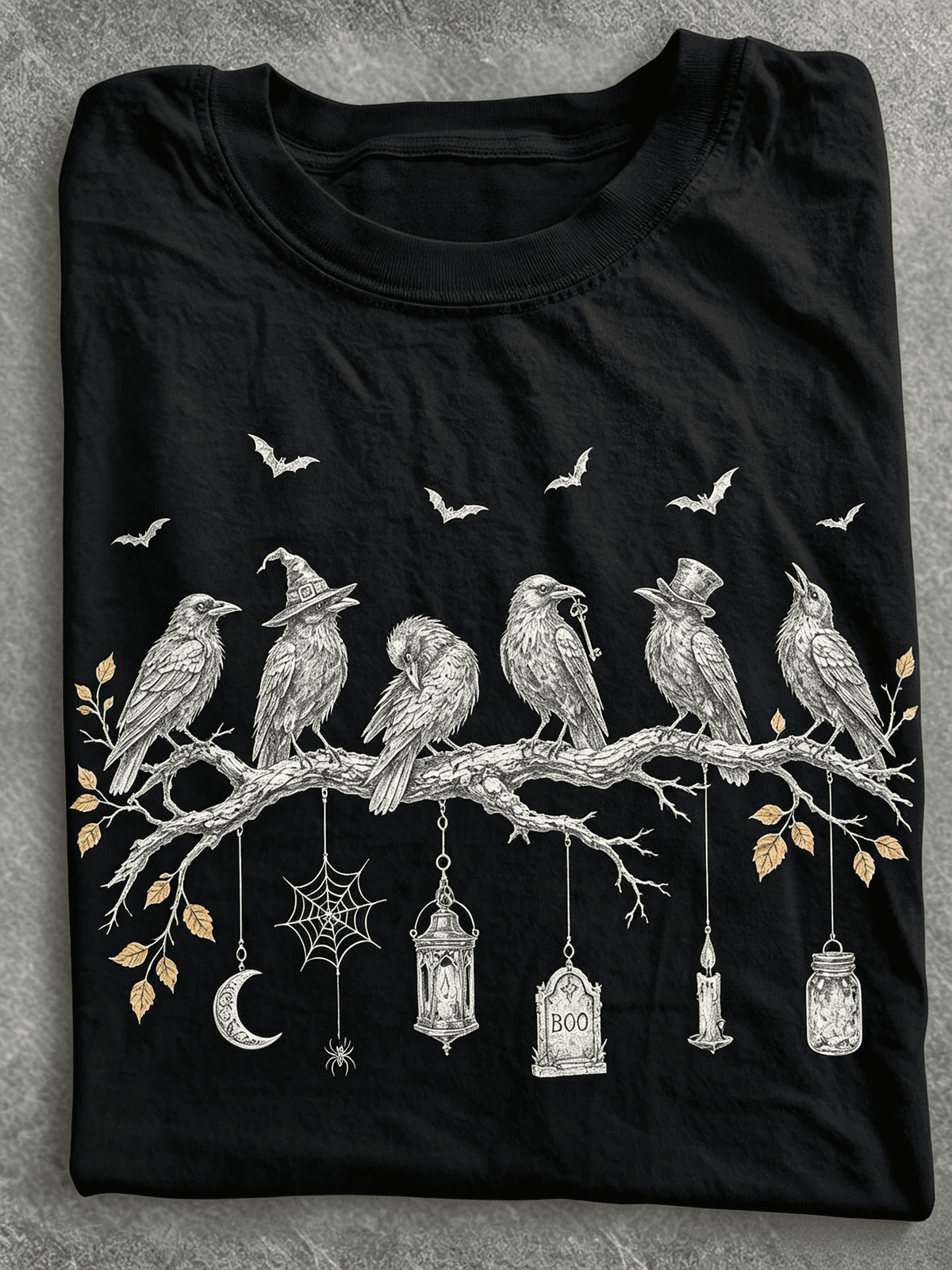 Halloween Crow T-Shirt, Boo Tombstone Moon Bats Graphic Tee