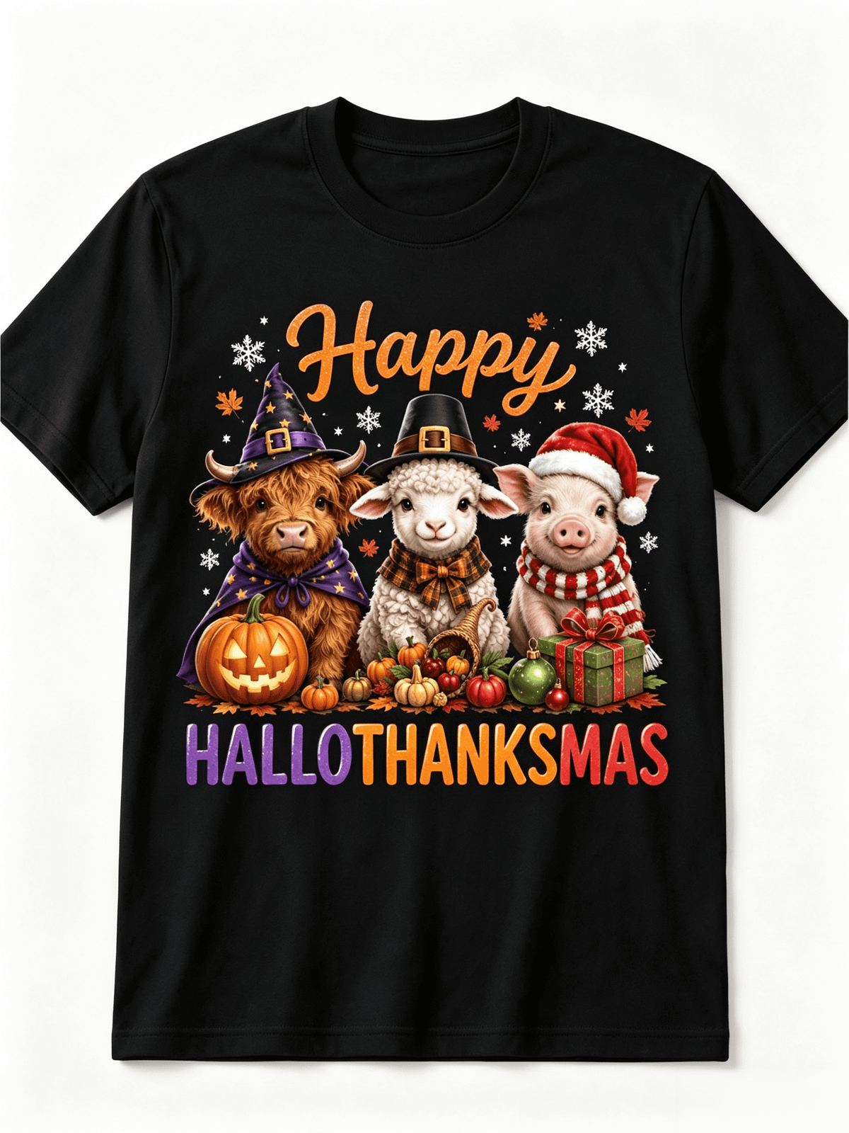 Happy HalloThanksMas T-Shirt Cute Highland Cow Sheep Pig Pumpkin Snowflake Graphic Tee for Women Men Farm Animal Lover Holiday