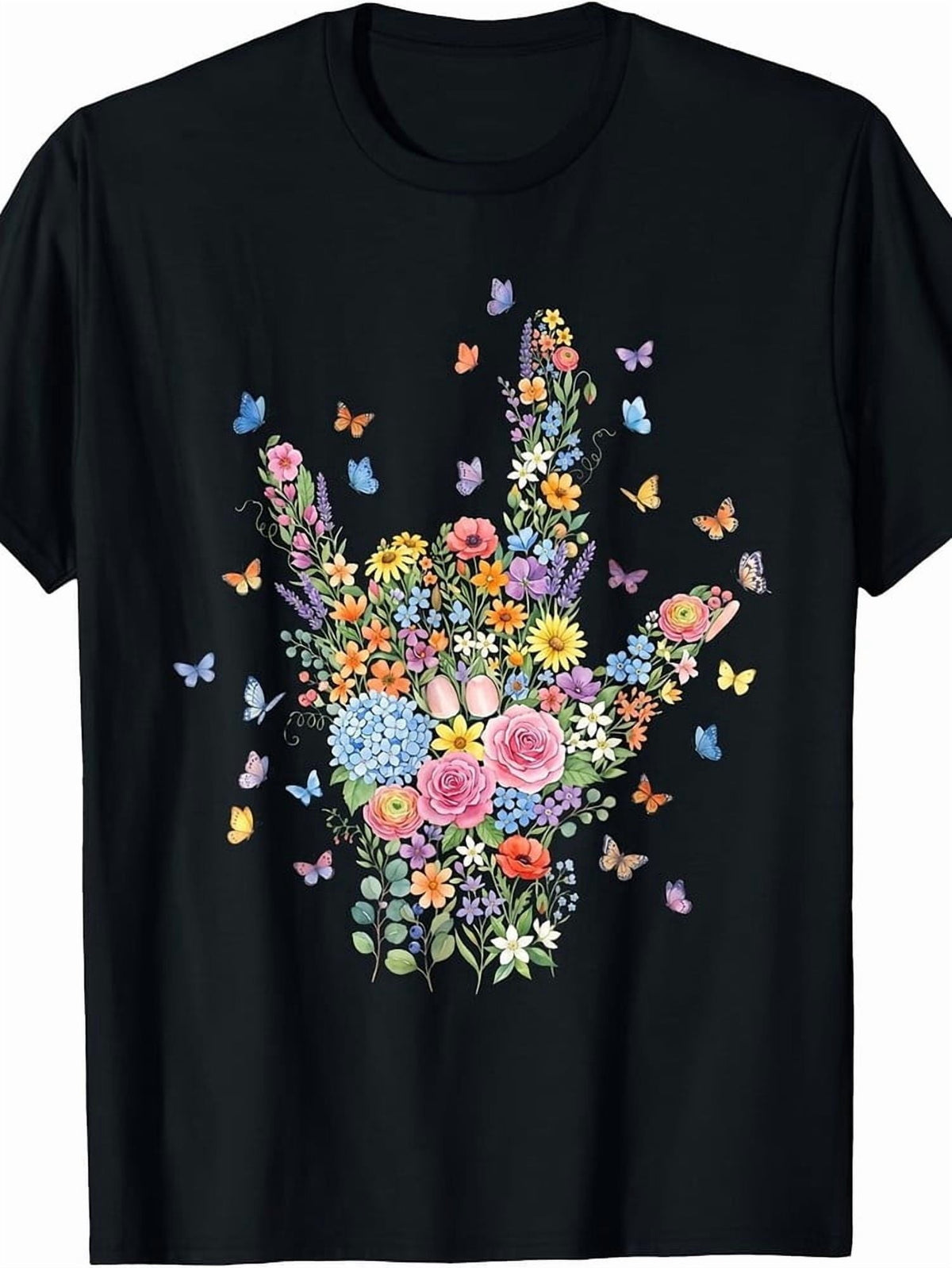 I Love You ASL Sign Language Botanical Flower Butterflies T-Shirt