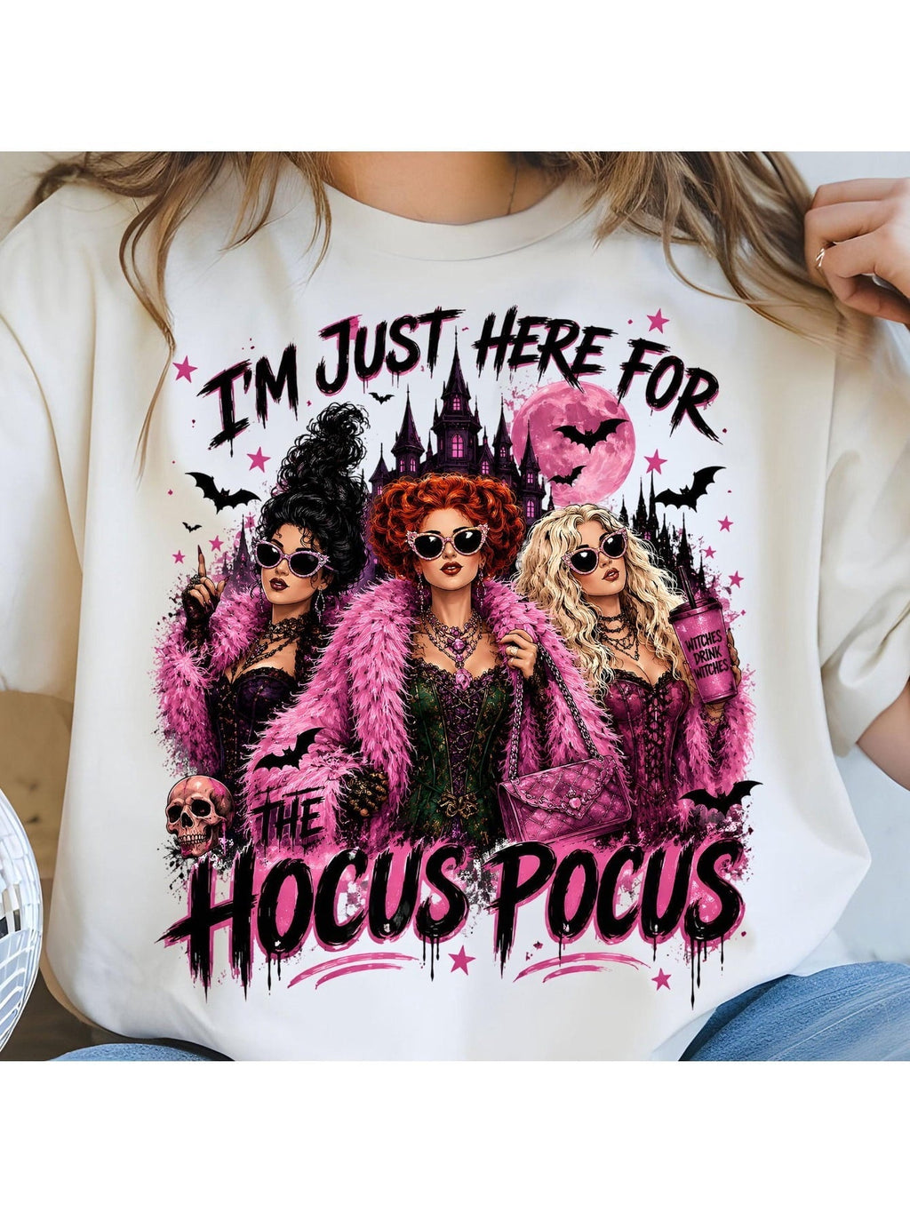 I'm Just Here For The Hocus Pocus T-Shirt Pink Witch Castle Moon Graphic Tee for Women Halloween Bats Skull Casual Short Sleeve Top