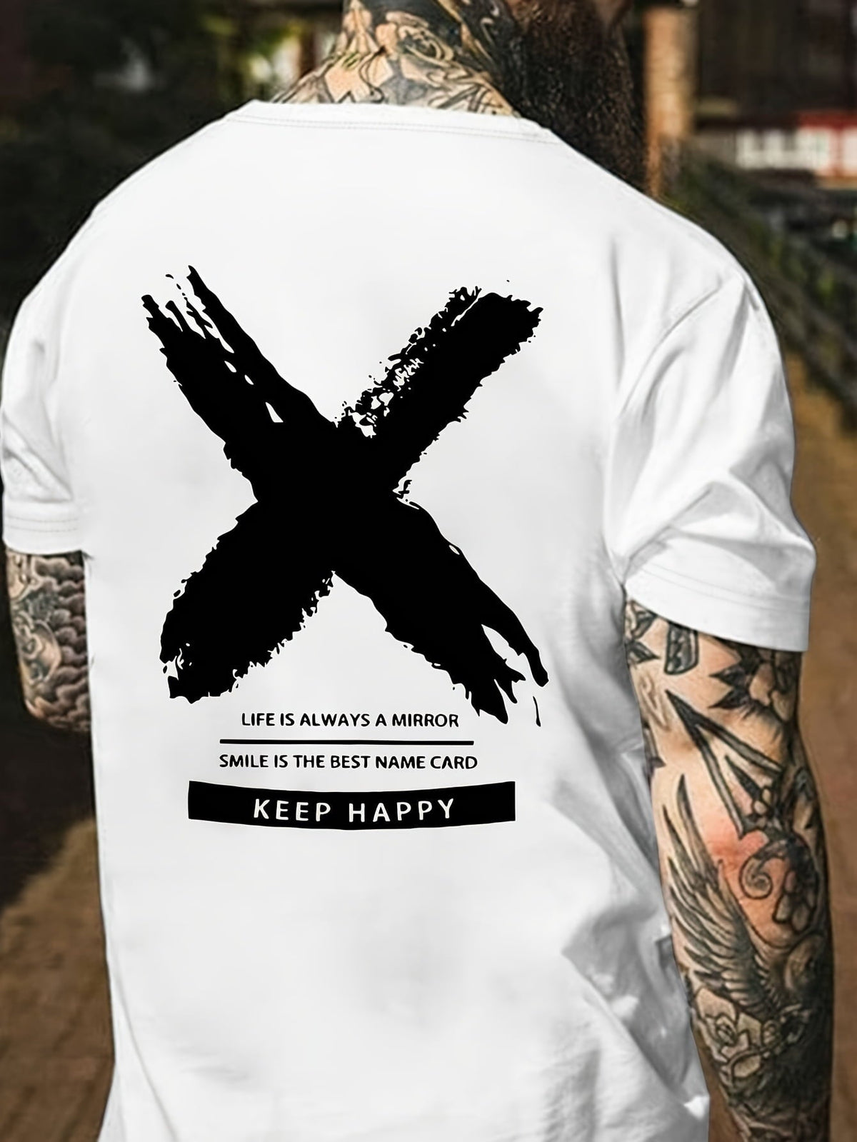 Inspirational Quote "Keep Happy" Brush Stroke X Back Graphic Print Casual Everyday Tee，Casual Men Tshirts