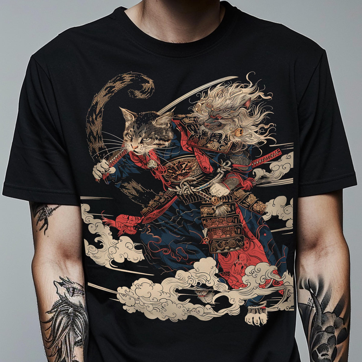 Japanese Samurai Cat Graphic Short‑Sleeve T‑Shirt, Traditional Ukiyo-e Irezumi Style Crew Neck Casual Art Tee for Men