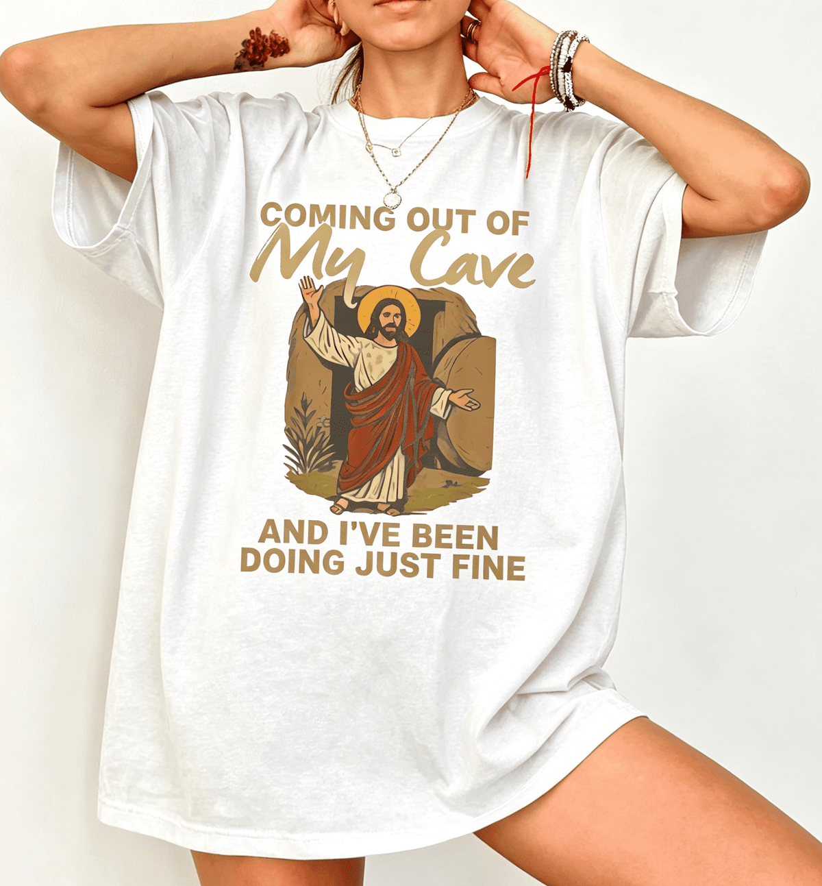 Jesus Coming Out Of My Cave Graphic Short‑Sleeve T‑Shirt, Trendy Easter Christian Faith Crew Neck Casual Tee