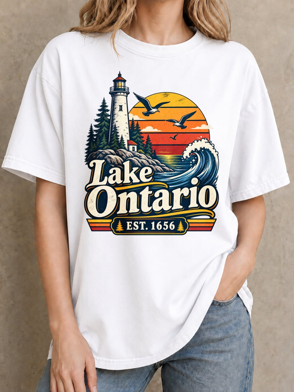 Lake Ontario EST. 1656 T-Shirt Retro Lighthouse Sunset Wave Graphic Tee Short Sleeve Crewneck Top