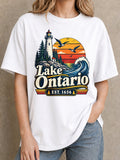 Lake Ontario EST. 1656 T-Shirt Retro Lighthouse Sunset Wave Graphic Tee Short Sleeve Crewneck Top