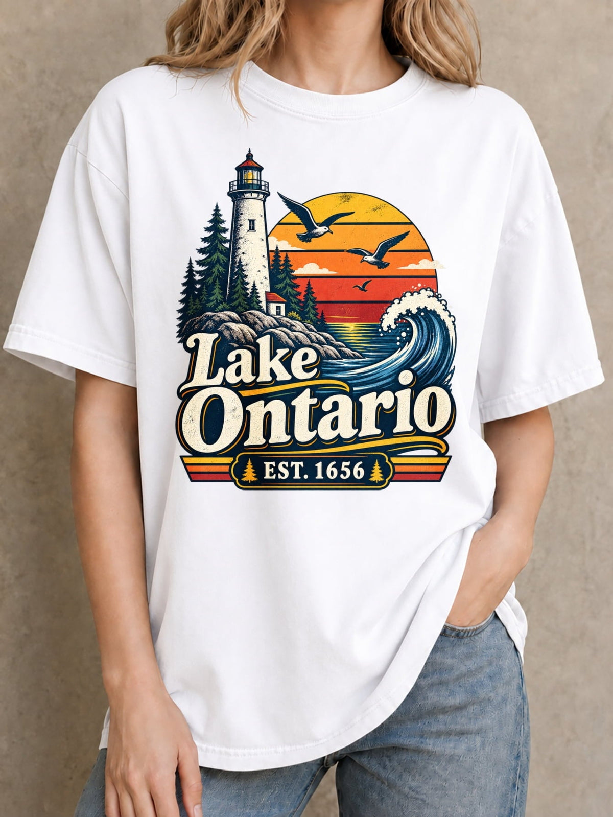 Lake Ontario EST. 1656 T-Shirt Retro Lighthouse Sunset Wave Graphic Tee Short Sleeve Crewneck Top