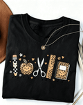 Leopard School Supplies Tshirt, Cute Teacher Gifts, Kindergarten Teacher Tshirts，Crew Neck Women Tshirts