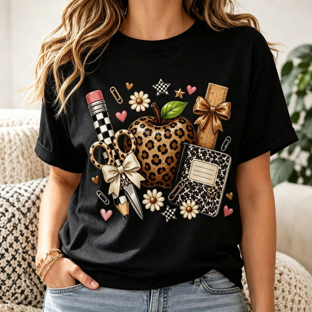 Leopard Teacher Women's T-Shirt Casual Back To School Soft T Shirt Teacher Round Neck Loose Casual Tees Gift For Mom