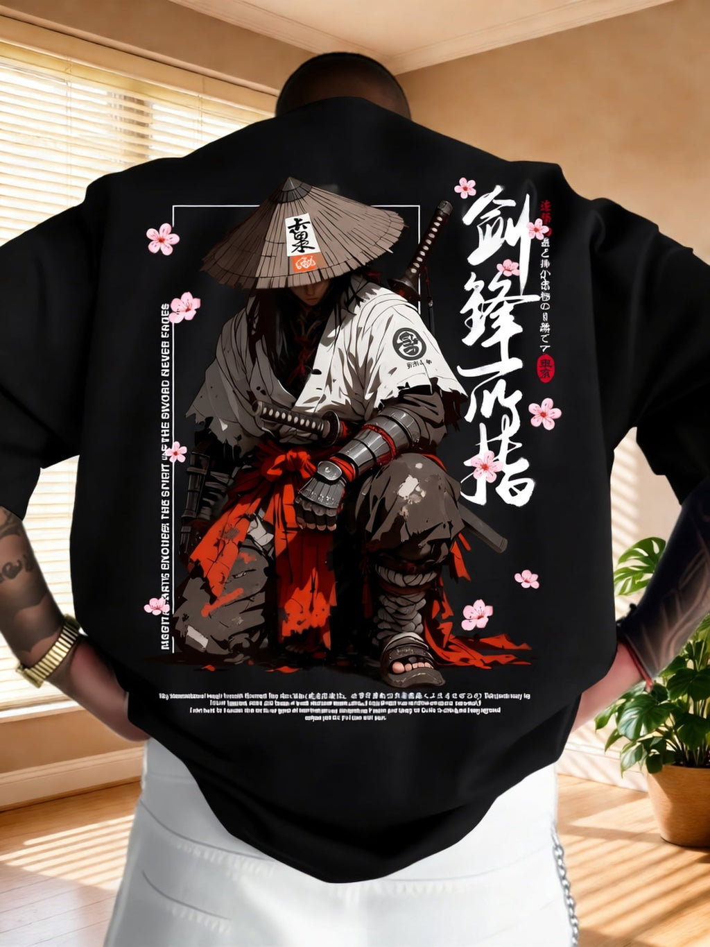 Men'S Casual Athletic T-Shirt, Japanese Sumi-E Style Samurai Pattern Heat Transfer Print Tshirts For Men，Men Clothing