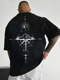 Men's 100% Cotton Short Sleeve T-Shirt, Crew Neck Back Print Mountain Compass Travel Graphic Tee, Casual Streetwear Top