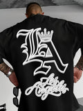 Men's Crew Neck Short Sleeve T-Shirt, Los Angeles LA Crown Script Back Graphic Print, Streetwear Casual Summer Tee