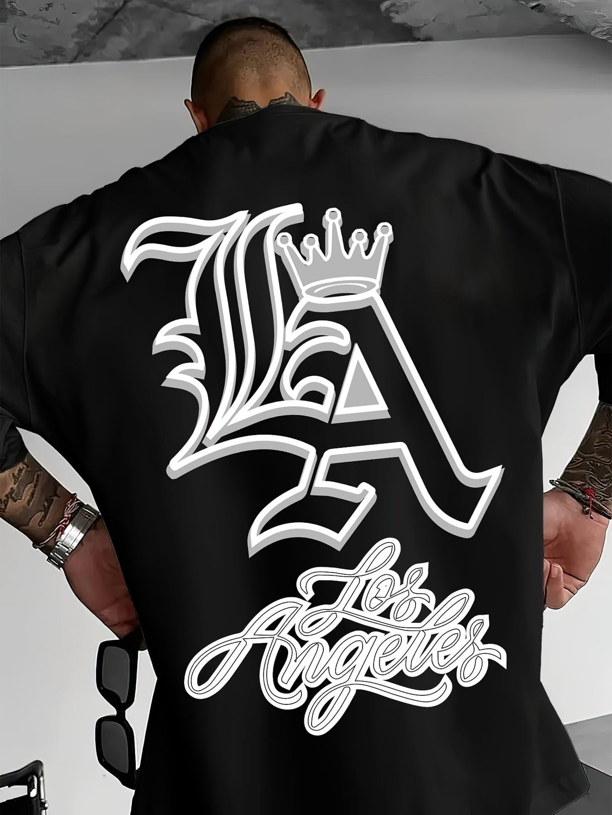 Men's Crew Neck Short Sleeve T-Shirt, Los Angeles LA Crown Script Back Graphic Print, Streetwear Casual Summer Tee