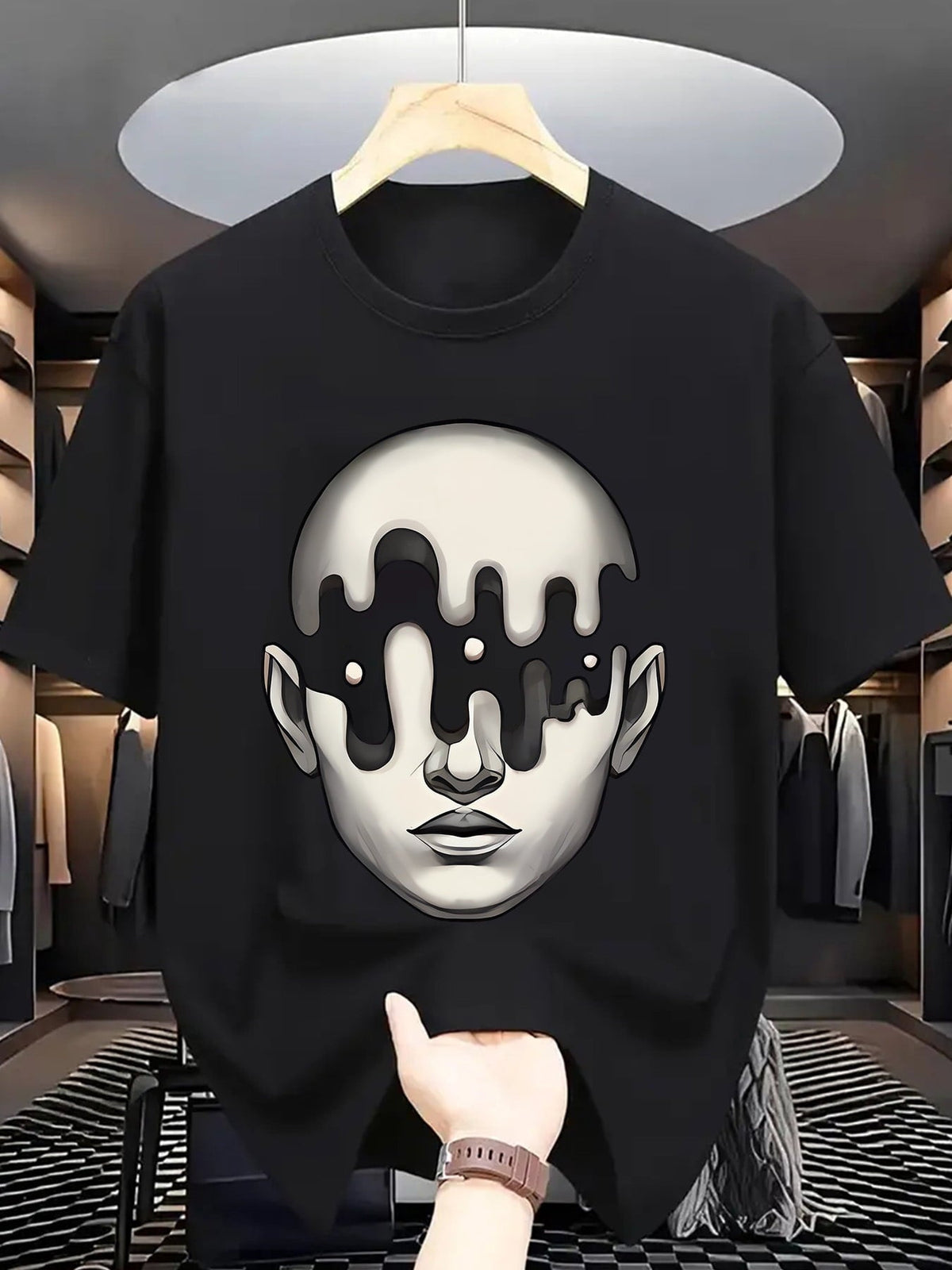 Men's Crew Neck T-Shirt, Trendy Surreal Melting Face Graphic Print Casual Everyday Streetwear Tee Men Clothing