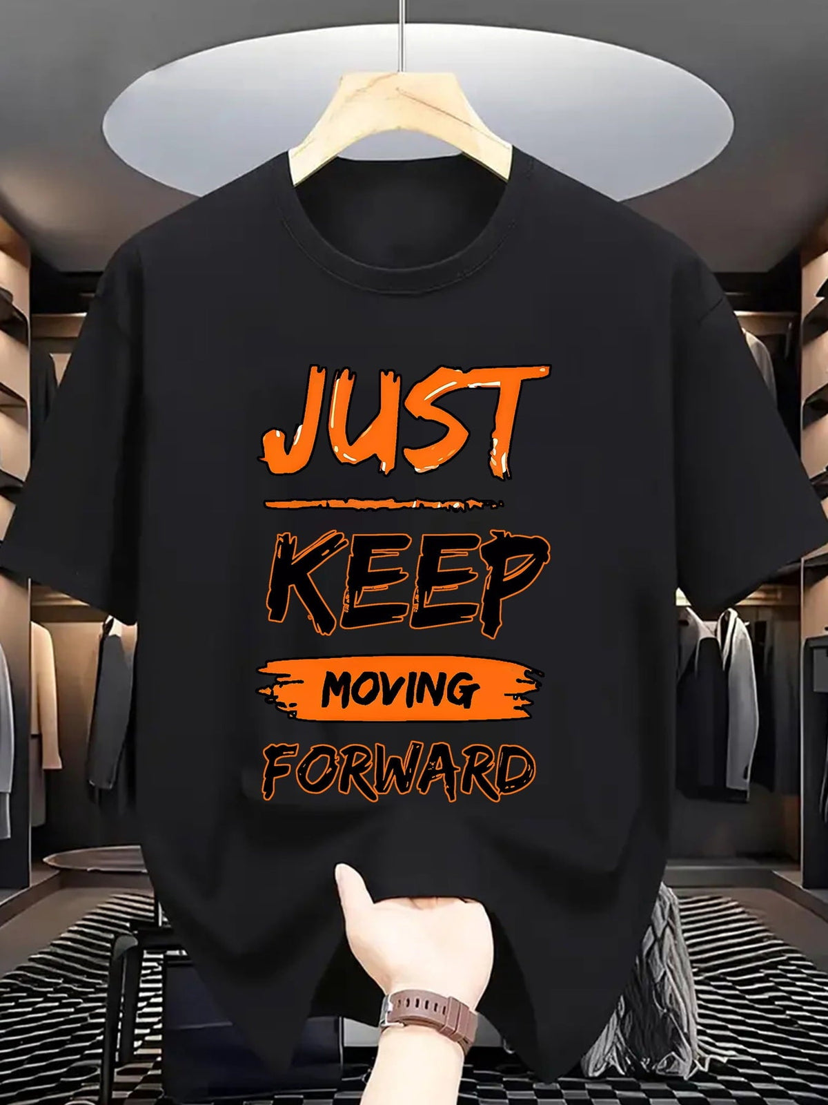 Men's Fashion Short Sleeve Crew Neck T-Shirt, Trendy "Just Keep Moving Forward" Inspirational Letter Print Casual Everyday Tee
