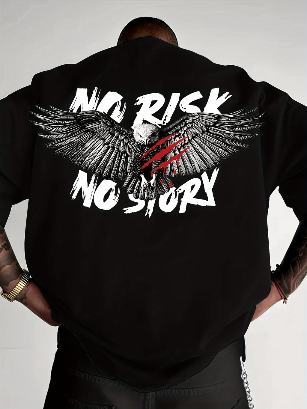 Men's Round Neck Short Sleeve T-Shirt, "No Risk No Story" Eagle Graphic Back Print, Breathable Casual Men Tshirts