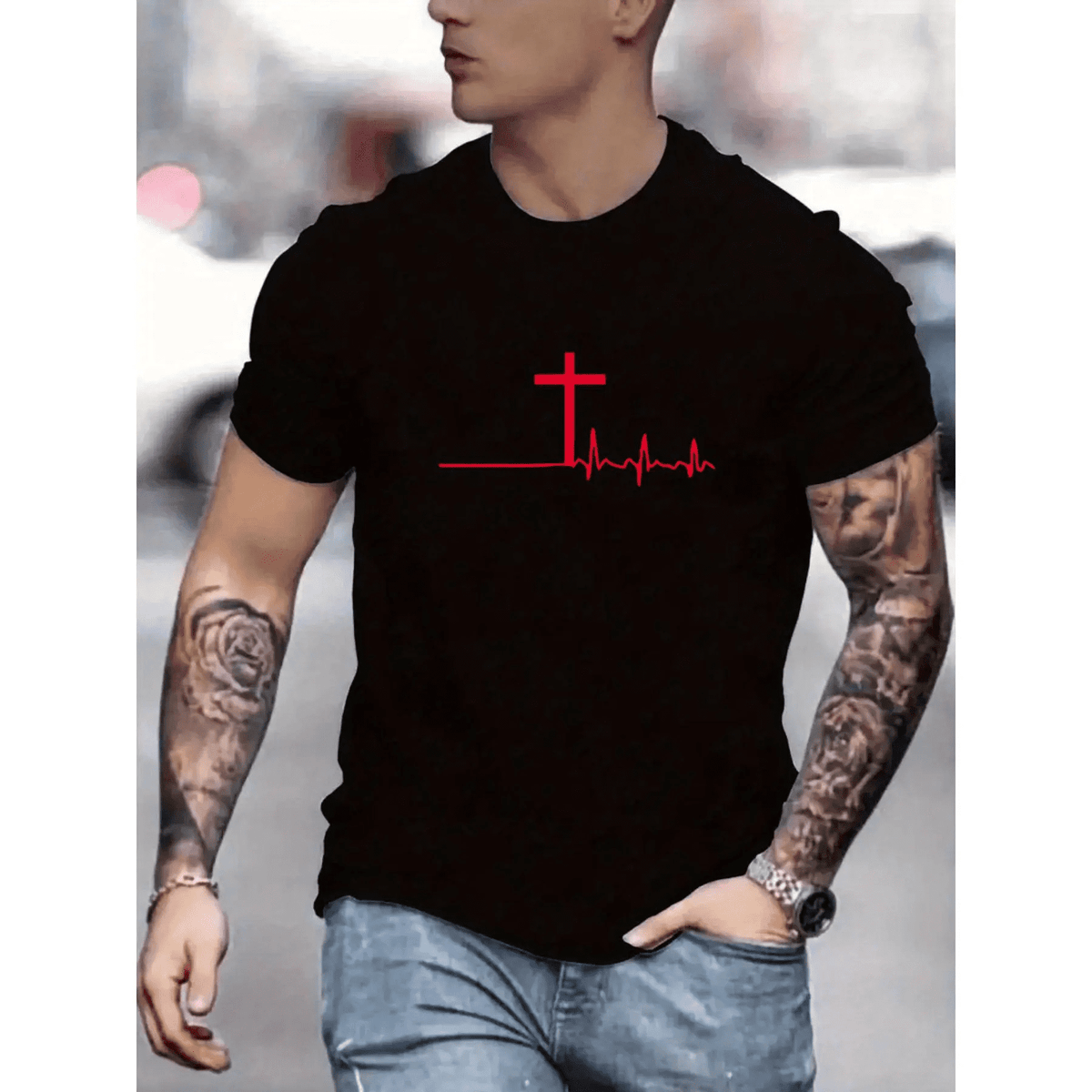Men's T-Shirt with Cross Pulse Print - Knit Blend Crew Neck Tee, Regular Fit